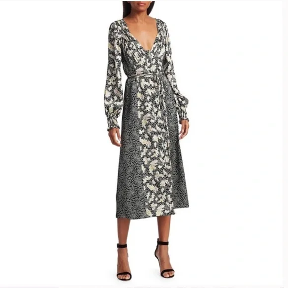 ❤️ CINQ A SEPT WOMENS MIXED PRINT DOUBLE V MIDI DRESS NWOT - Picture 1 of 13